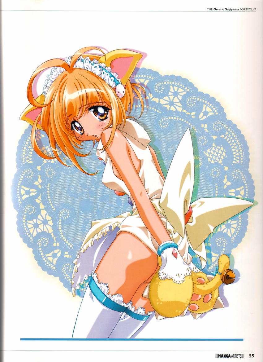 absurdres animal_ears antenna_hair ass bell blonde_hair blush bow cat_ears copyright_request covering covering_ass hairband highres looking_back no_panties open_mouth orange_eyes paws scan solo sugiyama_genshou tail tail_bell thighhighs
