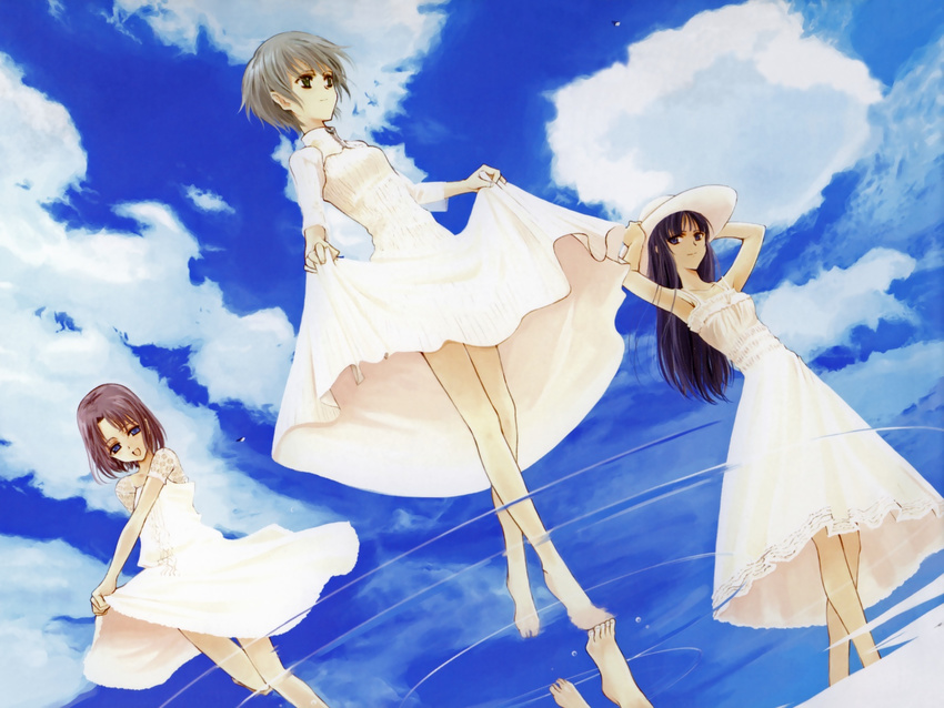 barefoot cloud copyright_request day dress hat highres multiple_girls ooyari_ashito reflection skirt_hold sky walking water white_dress