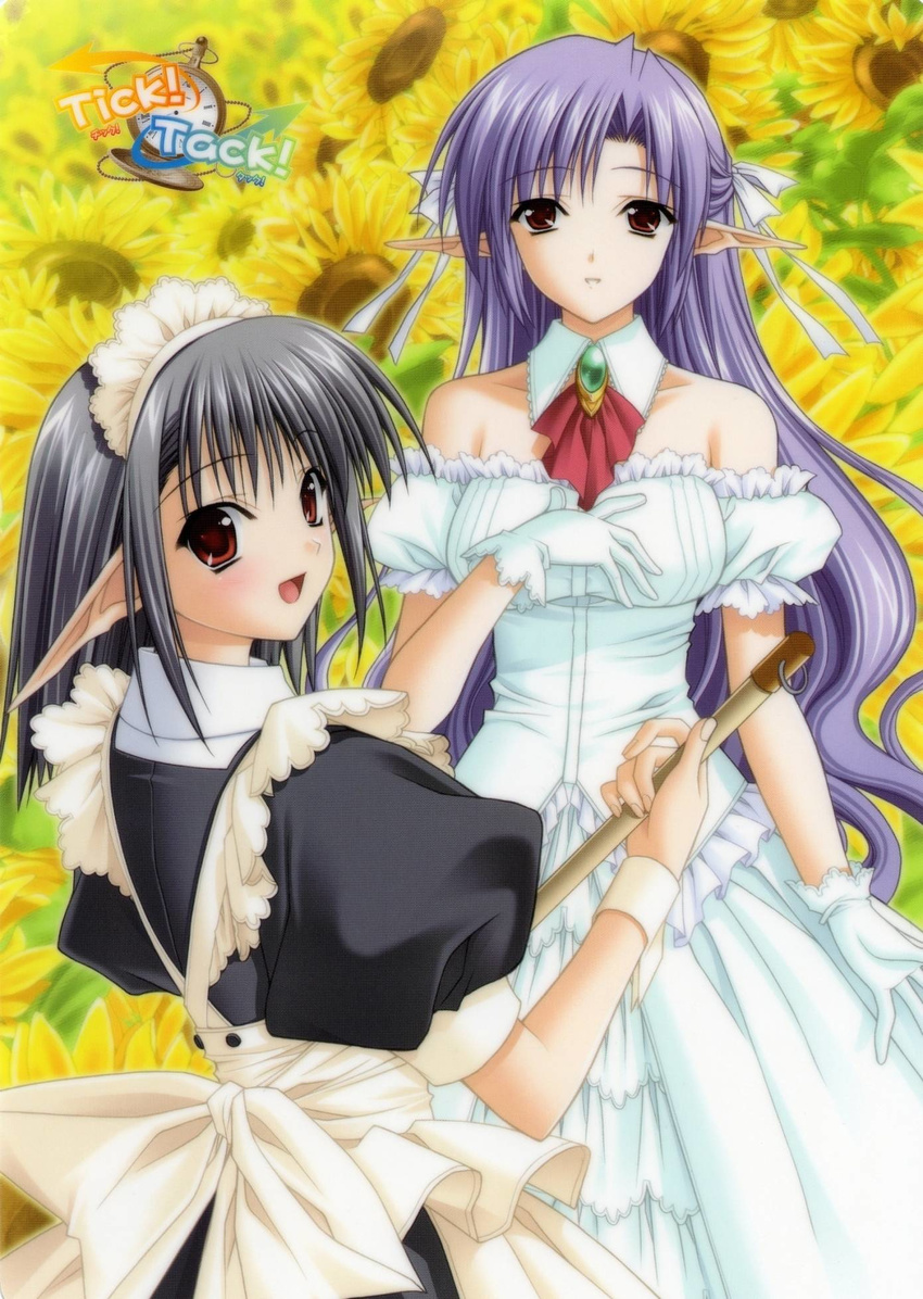 :d ai_(tick!_tack!) apron black_dress black_hair brown_hair collarbone copyright_name detached_collar detached_sleeves dress floral_background flower frills half_updo highres looking_at_viewer looking_back maid_headdress multiple_girls official_art open_mouth pointy_ears sage_(tick!_tack!) shuffle! smile standing strapless strapless_dress sunflower suzuhira_hiro tick!_tack! white_dress