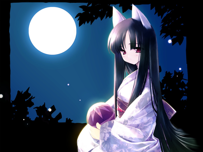 animal_ears black_hair cat_ears gayarou japanese_clothes kimono long_hair makino_nanami moon non-web_source red_eyes solo suigetsu very_long_hair wallpaper