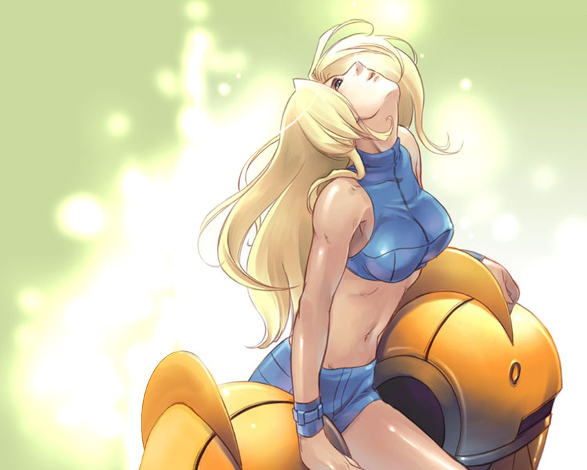 :d arm_support armor artist_request bare_shoulders blonde_hair blue_eyes breasts cowboy_shot crop_top from_side glowing green_background halterneck large_breasts light_particles long_hair looking_up metroid metroid_fusion midriff navel official_art open_mouth power_suit profile samus_aran short_shorts shorts sleeveless smile solo turtleneck undressing varia_suit very_long_hair wallpaper wristband