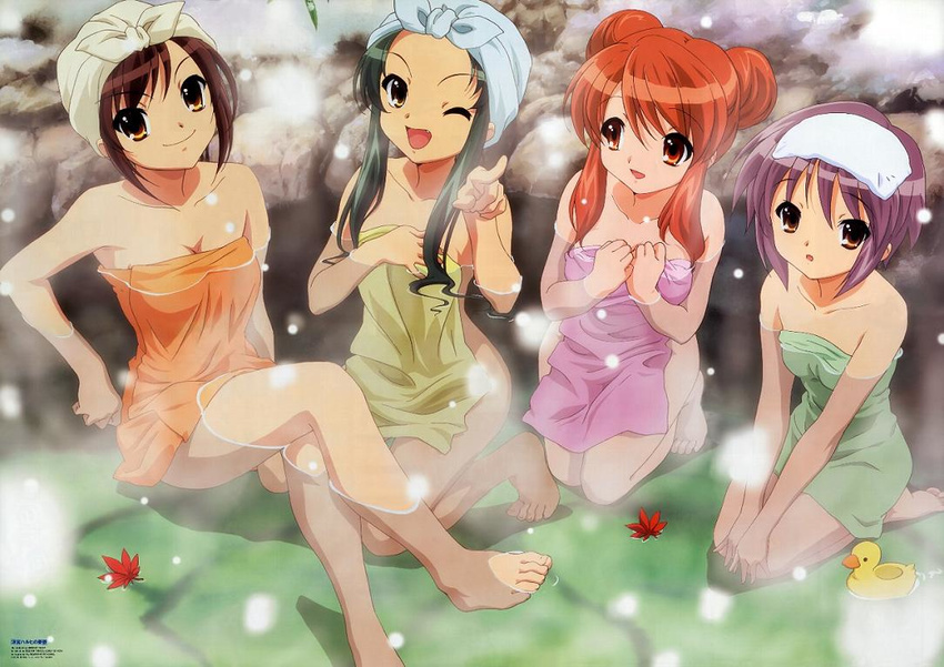 :d :o ;d alternate_hairstyle armpits asahina_mikuru bangs bare_shoulders barefoot breasts brown_hair cleavage clenched_hand clenched_hands covering crossed_legs double_bun fang feet flat_chest green_hair hair_between_eyes hands_on_own_knees ikeda_shouko kneeling leaf leaning_forward legs long_hair looking_at_viewer medium_breasts multiple_girls nagato_yuki naked_towel nude_cover official_art one_eye_closed onsen open_mouth orange_eyes orange_hair outdoors partially_submerged pointing purple_hair rock rubber_duck scan seiza shadow short_hair sidelocks sitting small_breasts smile snow snowing soles steam suzumiya_haruhi suzumiya_haruhi_no_yuuutsu swept_bangs tiptoes towel towel_on_head tsuruya v_arms water wet wet_hair yellow_eyes