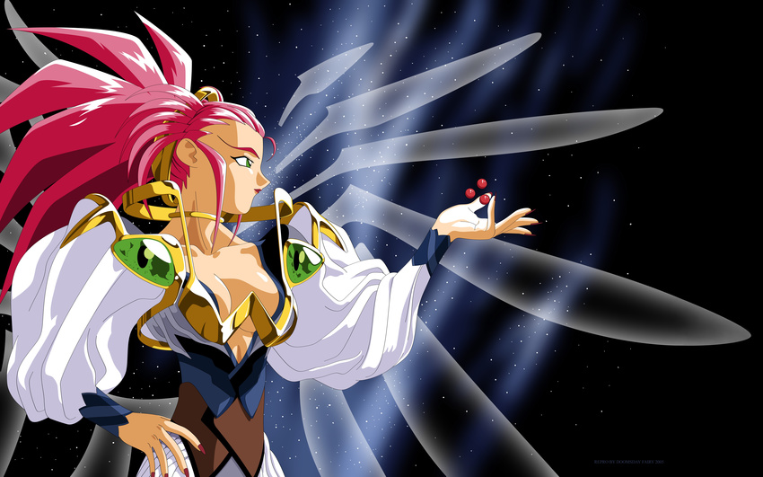 90s absurdres breasts cleavage goddess green_eyes hair_pulled_back hakubi_washuu highres incredibly_absurdres light_hawk_wings medium_breasts older red_hair solo spiked_hair tenchi_muyou! vector_trace wings