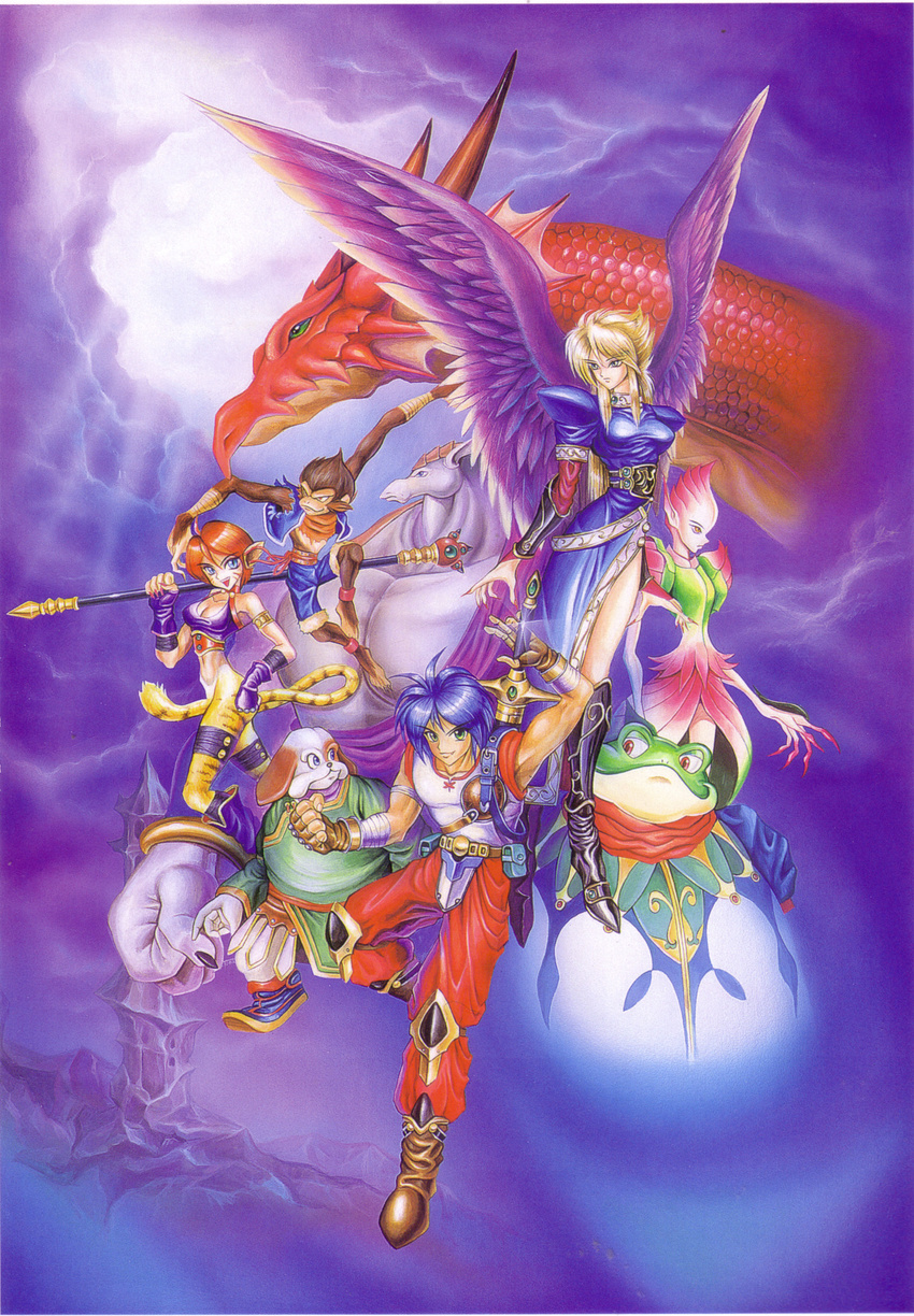 3girls 90s absurdres angel_wings blonde_hair blue_eyes blue_hair boots bow_(breath_of_fire) breasts breath_of_fire breath_of_fire_ii dragon dress ekaru_hoppe_de_pe_tapeta green_eyes highres legs long_legs medium_breasts multiple_boys multiple_girls nina_(breath_of_fire_ii) official_art rand_marks red_hair rinpoo_chuan ryuu_(breath_of_fire_ii) side_slit spar sten_legacy sword thighs weapon wings yoshikawa_tatsuya