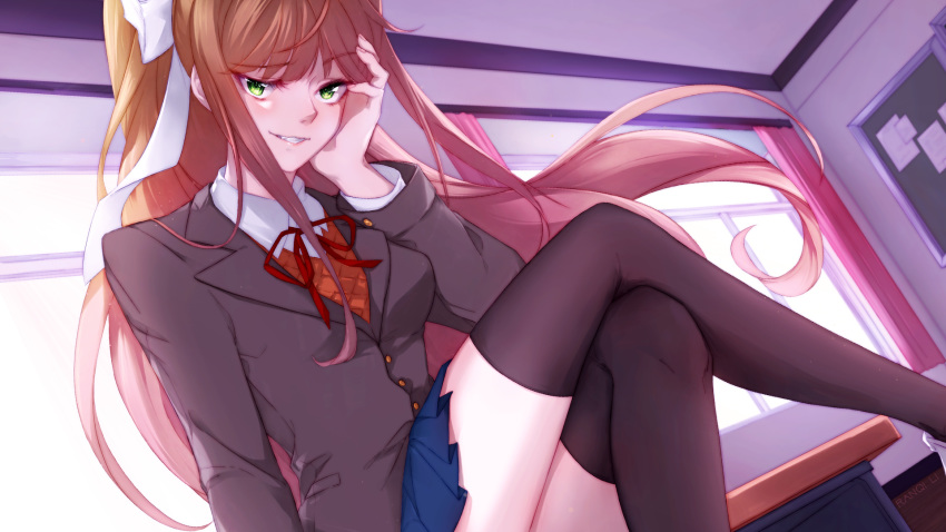 1girl black_legwear blue_skirt blush bow brown_hair classroom day doki_doki_literature_club dutch_angle eyebrows_visible_through_hair green_eyes grey_jacket hair_bow hand_on_own_cheek highres indoors jacket legs_crossed looking_at_viewer monika_(doki_doki_literature_club) ponytail rain_(ranqili) red_ribbon ribbon sitting skirt smile solo thighhighs white_bow white_ribbon