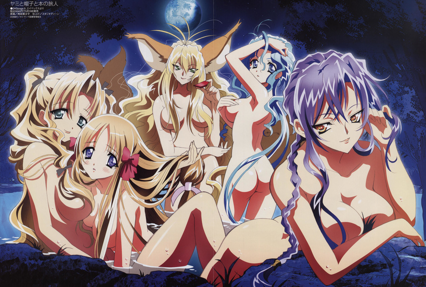 absurdres animal_ears aqua_eyes arm_up ass azuma_hatsumi blonde_hair blue_eyes blue_hair blush bow braid breasts brown_hair cleavage convenient_arm convenient_censoring copyright_name covering covering_breasts crease cup dated english fox_ears full_moon green_eyes hair_bow hair_censor hair_over_breasts hair_over_one_breast hair_ribbon hand_in_hair highres holding large_breasts long_hair looking_at_viewer low-tied_long_hair medium_breasts moon multiple_girls nishida_asako nude number onsen open_mouth outdoors partially_submerged purple_eyes purple_hair ribbon ritsuko_(yamibou) sakazuki seiren_(yamibou) sideboob sidelocks single_braid sitting smile standing sumeragi_youko tail tamamo_no_mae tree very_long_hair wading water watermark wet yami_to_boushi_to_hon_no_tabibito yellow_eyes