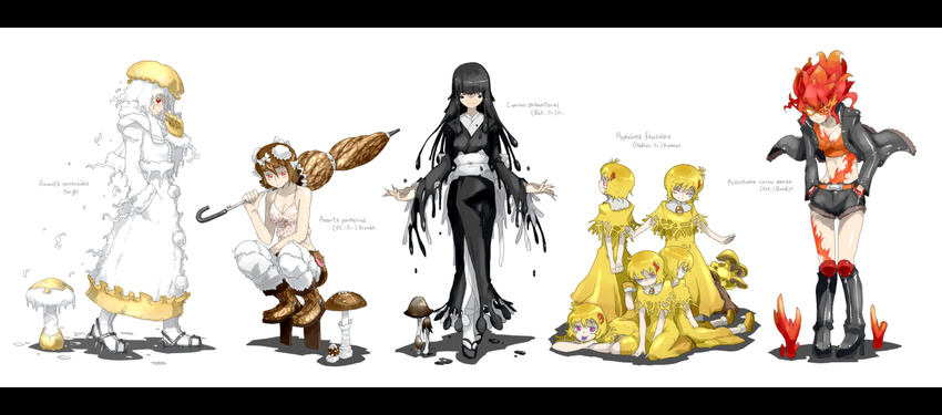 6+girls :p albino amanita_neoovoidea amanita_pantherina arms_behind_back back-to-back bare_shoulders black_hair blonde_hair bodypaint boots bow brown_hair closed_eyes coat coprinopsis_atramentaria crop_top facial_mark fire geta glasses gloves hair_bow hands_in_pockets hat high_heels highres hypholoma_fasciculare jacket japanese_clothes kimono letterboxed lineup long_hair lying multiple_girls mushroom on_stomach oso-teki_kinoko_gijinka_zukan oso_(toolate) pants personification pink_eyes podostroma_cornu-damae red_eyes red_hair sandals scarf shoes shorts sitting slime smile spiked_hair squatting tabi tank_top tengu-geta tongue tongue_out umbrella white_hair