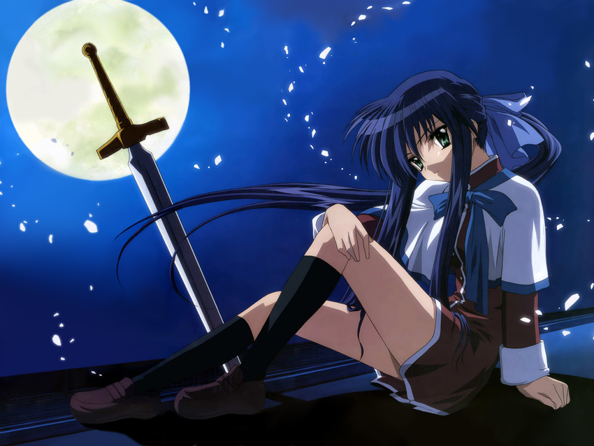 artist_request blue_hair full_moon highres kanon kawasumi_mai moon official_art school_uniform solo sword weapon