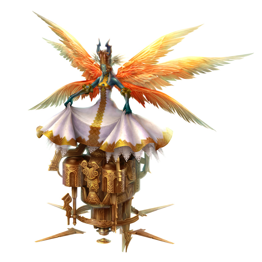 blue_skin closed_eyes dress dress_lift esper feathered_wings final_fantasy final_fantasy_tactics_advance final_fantasy_xii head_wings highres multiple_wings rpgamer solo ultima_(ffta) white_hair wings