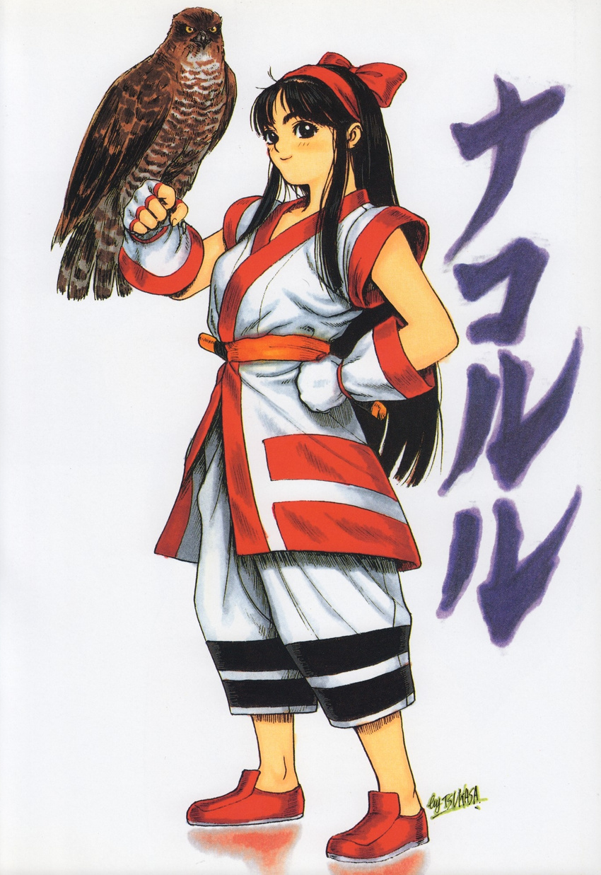 bird black_eyes black_hair bow hair_bow hawk highres long_hair nakoruru samurai_spirits smile smiling snk tsukasa_jun