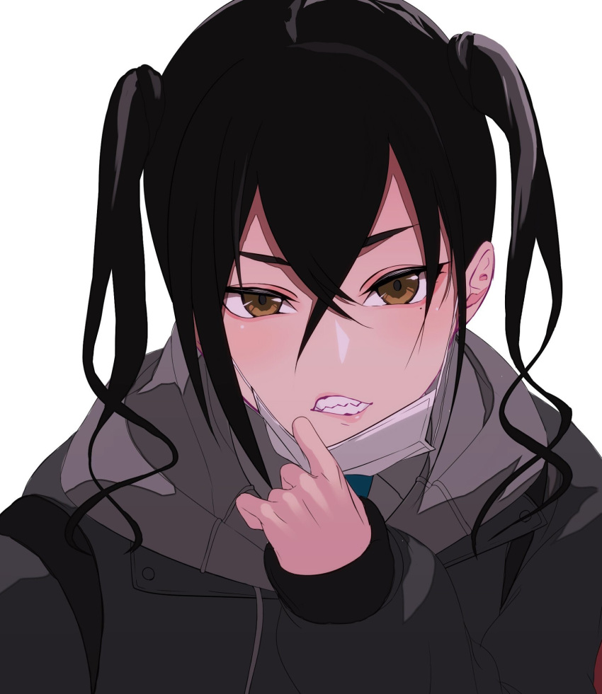 1girl bangs black_hair black_jacket brown_eyes clenched_teeth commentary_request gomibukurokarasu hair_between_eyes hand_up highres hood hood_down hooded_jacket idolmaster idolmaster_cinderella_girls jacket long_hair long_sleeves looking_at_viewer mask_pull mole mole_under_eye parted_lips sharp_teeth sidelocks simple_background sleeves_past_wrists solo sunazuka_akira surgical_mask teeth twintails upper_body white_background