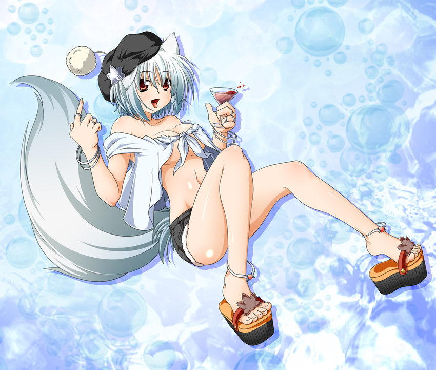 alternate_costume animal_ears anklet bad_id bad_pixiv_id bare_shoulders bracelet breasts casual cleavage clog_sandals contemporary cup denim denim_shorts drinking_glass feet front-tie_top hat highres inubashiri_momiji jewelry legs navel no_bra open_mouth platform_footwear red_eyes ring sandals shadow short_hair shorts silver_hair small_breasts solo tail tongue touhou underboob wine_glass wolf_ears wolf_tail yua_(checkmate)