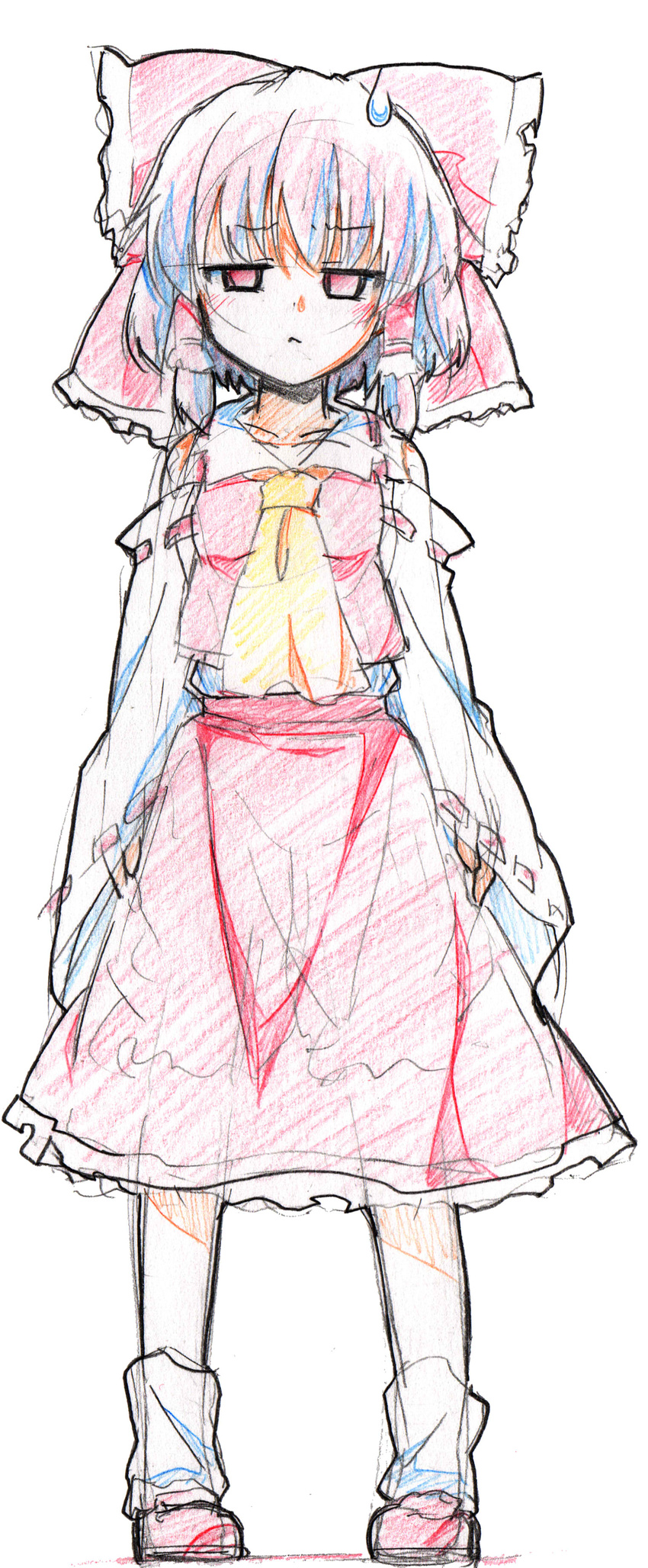 :&lt; absurdres blush bow colored_pencil_(medium) detached_sleeves hair_bow hair_tubes hakurei_reimu highres jitome looking_at_viewer oka_(bananashoe) red_eyes short_hair sketch solo standing sweatdrop touhou traditional_media