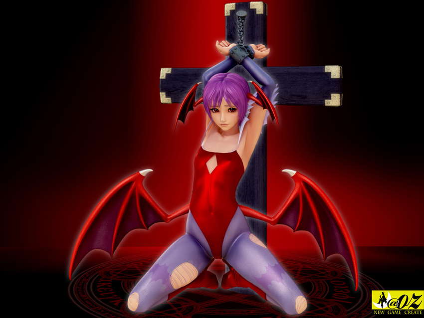 capcom demon_girl flat_chest lilith_aensland pantyhose solo succubus torn_clothes torn_legwear vampire_(game) wings