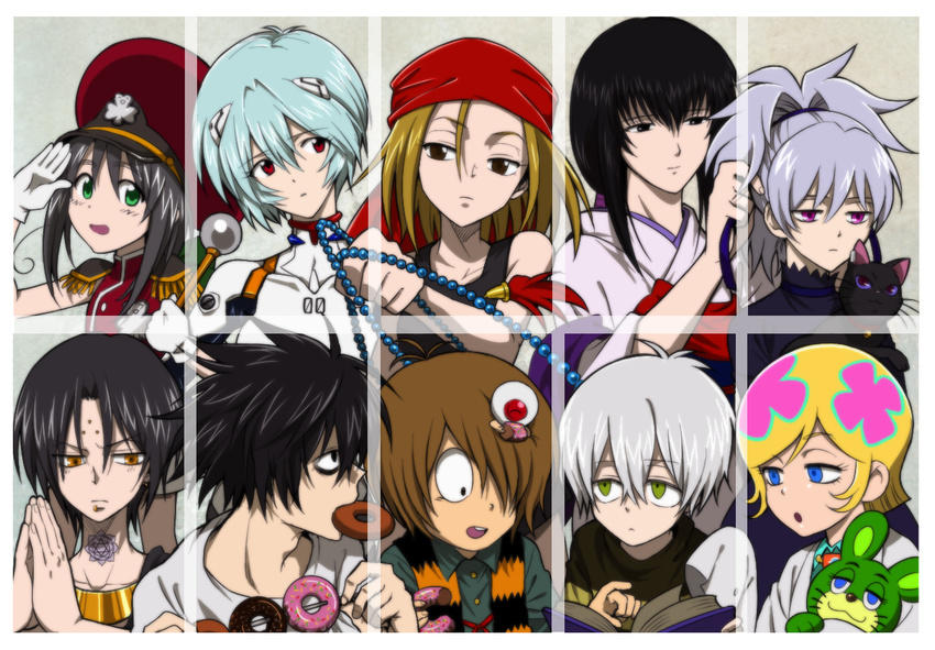 5girls :d :o akuma-kun ayanami_rei bad_id bad_pixiv_id bandana beads black_cat black_eyes black_hair blonde_hair blue_eyes blue_hair bodysuit book brown_eyes brown_hair cat chanchanko_(clothes) crossover darker_than_black death_note doughnut food gegege_no_kitarou gloves green_eyes hair_ribbon hairdressing hat head_scarf irabu_ichirou japanese_clothes kimono kitarou kuuchuu_buranko kyouyama_anna l_(death_note) mao_(darker_than_black) maruyama_sylvia matsushita_ichirou medama_oyaji multiple_boys multiple_girls neon_genesis_evangelion open_mouth plugsuit ponytail purple_eyes red_eyes ribbon rikujou_boueitai_mao-chan rurouni_kenshin salute shaman_king short_hair silver_hair smile togetsuhou yellow_eyes yin yukishiro_tomoe