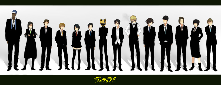 6+boys animal_helmet black_hair black_legwear blonde_hair bow bowtie brown_hair celty_sturluson cigarette durarara!! everyone formal ghost_in_the_shell ghost_in_the_shell_lineup ghost_in_the_shell_stand_alone_complex glasses hat heiwajima_shizuo helmet highres kadota_kyouhei karisawa_erika kida_masaomi kishitani_shinra letterboxed lineup long_hair multiple_boys multiple_girls necktie orihara_izaya pantyhose parody ryuugamine_mikado short_hair simon_brezhnev skirt smile smoke smoking sonohara_anri suit sunglasses thighhighs togusa_saburou tsuyuxxx vest yagiri_namie yagiri_seiji yumasaki_walker zettai_ryouiki