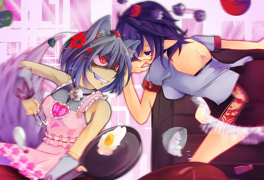 angry animal_ears apron bad_id bad_pixiv_id bowl cooking egg flipping_food food frying_pan glowing glowing_eyes grin hat inubashiri_momiji mito_(calcomer) motion_blur multiple_girls pointy_ears red_eyes rice rice_bowl shameimaru_aya smile tail touhou translated wolf_ears