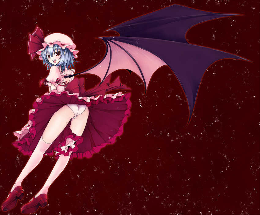 ass bat_wings blue_hair dress fangs highres legs looking_at_viewer looking_back mary_janes open_mouth panties pointy_ears remilia_scarlet shoes skirt skirt_flip smile solo thighhighs touhou underwear upskirt utakata_(kochou_no_yume) wings