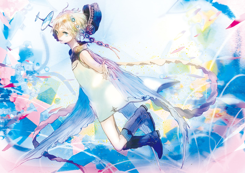 blonde_hair blue_eyes boots dress hat hat_removed headwear_removed highres open_mouth original short_hair solo sugi