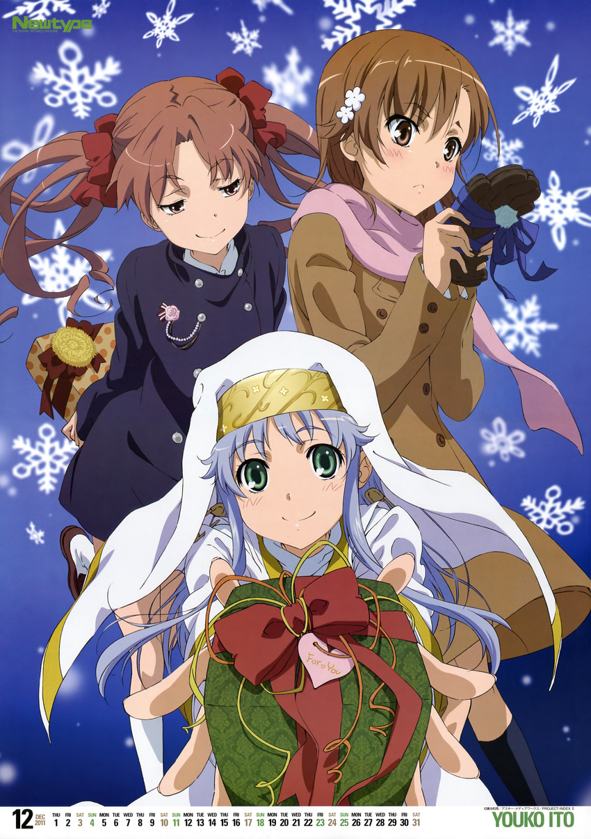 absurdres blue_hair brown_eyes brown_hair calendar_(medium) december flower gift green_eyes habit hair_flower hair_ornament hairclip hairpin highres index itou_youko long_hair misaka_mikoto multiple_girls newtype nun official_art scan scarf shirai_kuroko short_hair smirk to_aru_kagaku_no_railgun to_aru_majutsu_no_index twintails