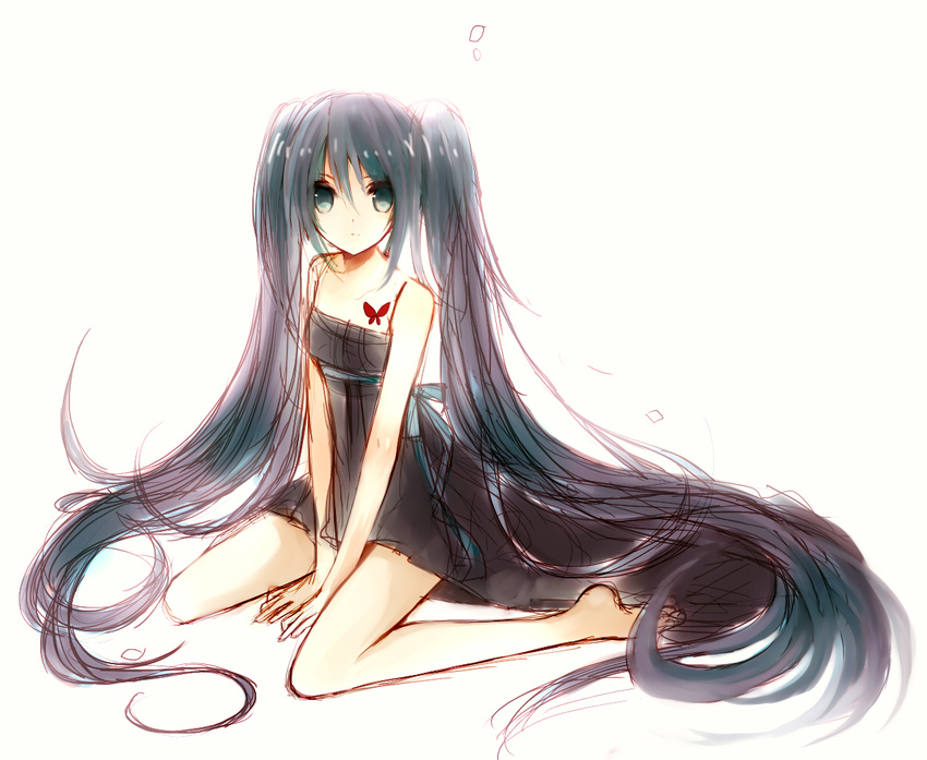 bad_id bad_pixiv_id barefoot dress full_body hatsune_miku long_hair simple_background sitting sketch solo syutyou twintails very_long_hair vocaloid