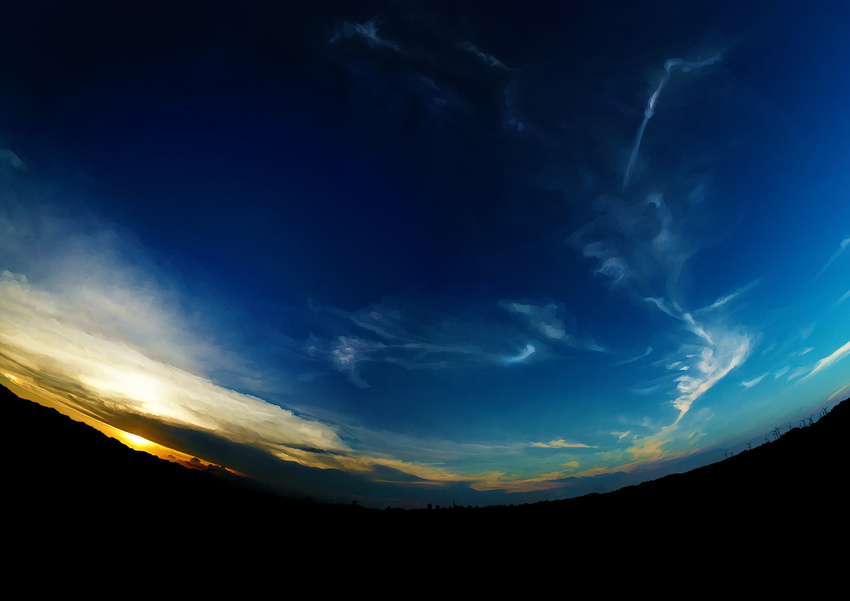 fisheye highres horizon landscape no_humans original scenery shimei_jien sky sun windmill