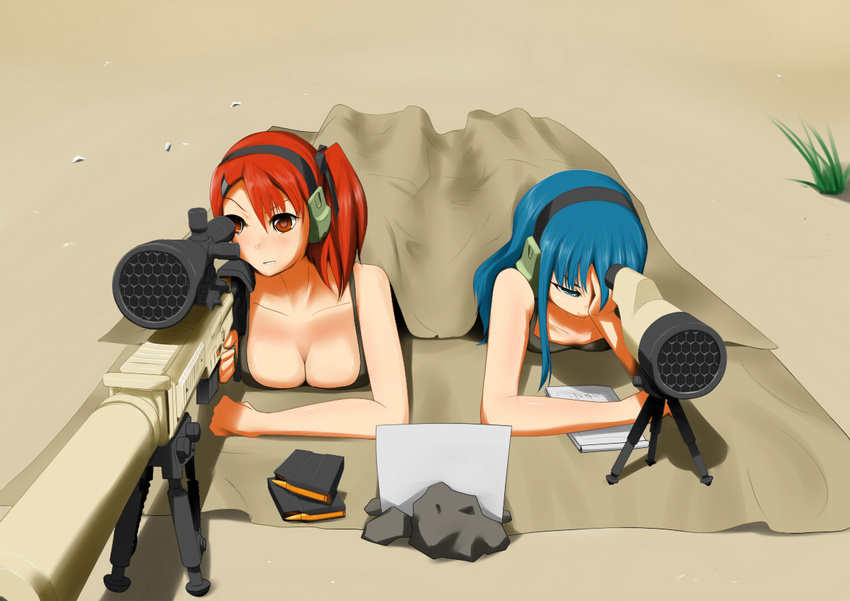 2girls breasts cartridge cleavage copyright_request ear_protection gun large_breasts m110_sass magazine_(weapon) multiple_girls notepad rifle scope small_breasts sniper_rifle weapon
