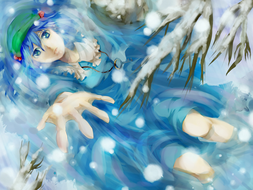 23ichiya bad_id bad_pixiv_id blue_eyes blue_hair branch dress foreshortening from_above hair_bobbles hair_ornament hands hat kawashiro_nitori key lips lying on_back outstretched_hand partially_submerged short_hair snow solo touhou twintails two_side_up water