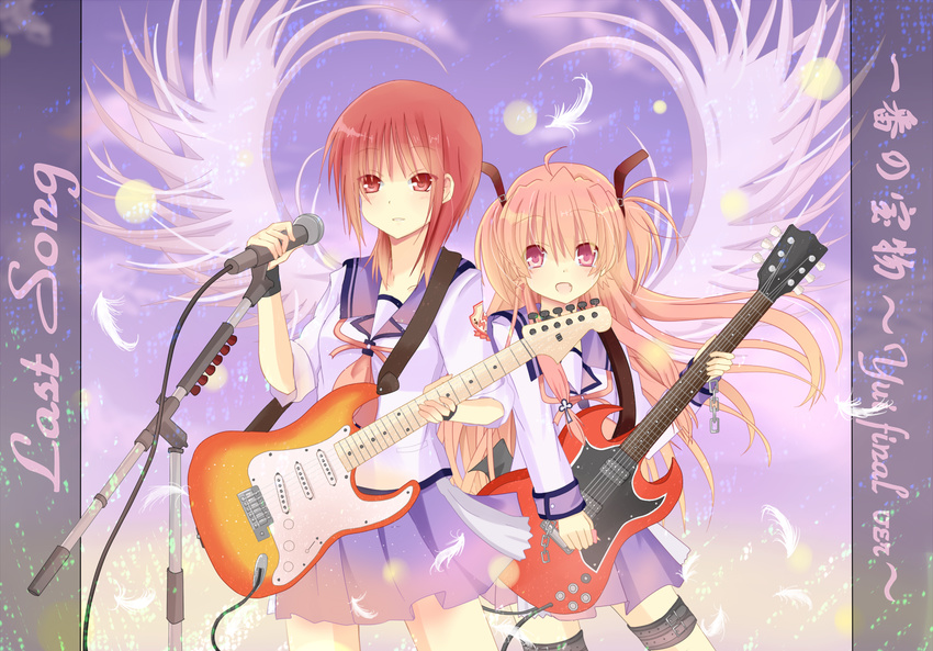 angel_beats! guitar instrument iwasawa long_hair microphone microphone_stand multiple_girls pink_eyes pink_hair red_eyes red_hair school_uniform serafuku short_hair sleeves_rolled_up twintails wings yoshino_(keyhuko) yui_(angel_beats!)