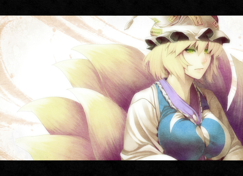 blonde_hair breasts dress fox_tail green_eyes hands_in_opposite_sleeves hat impossible_clothes impossible_dress irohara_mitabi large_breasts letterboxed lips multiple_tails short_hair slit_pupils solo tail touhou wallpaper yakumo_ran yellow_eyes