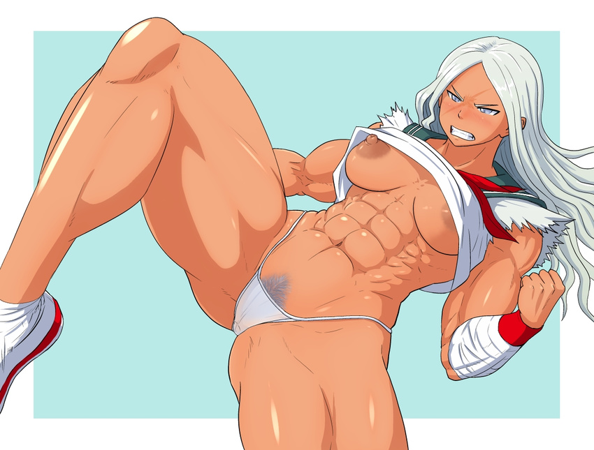 1girl abs angry blue_eyes dangan_ronpa danganronpa danganronpa_1 highleg highleg_panties isami_jun isamijun kicking muscle muscular_female oogami_sakura ookami_sakura panties pubic_hair scar solo teeth thick_thighs thighs underwear white_hair