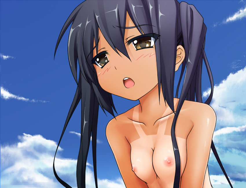 bad_id bad_pixiv_id black_hair blush breasts brown_eyes cloud day eto eyebrows_visible_through_hair k-on! long_hair nakano_azusa nipples nude one-piece_tan open_mouth round_teeth sky small_breasts solo tan tanline teeth twintails