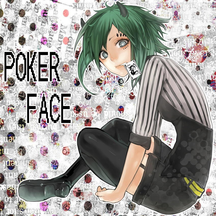 bad_id bad_pixiv_id blue_eyes card card_in_mouth facepaint garters green_hair gumi horns mouth_hold poker_face_(vocaloid) short_hair solo tcb thighhighs vocaloid