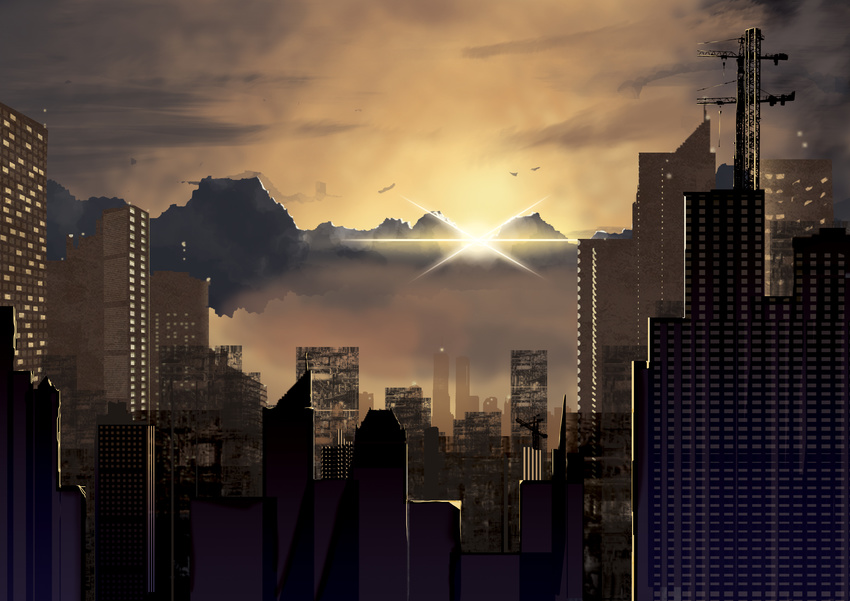 bad_id bad_pixiv_id building city cityscape copyright_request harupaca highres mountain no_humans scenery sun sunset