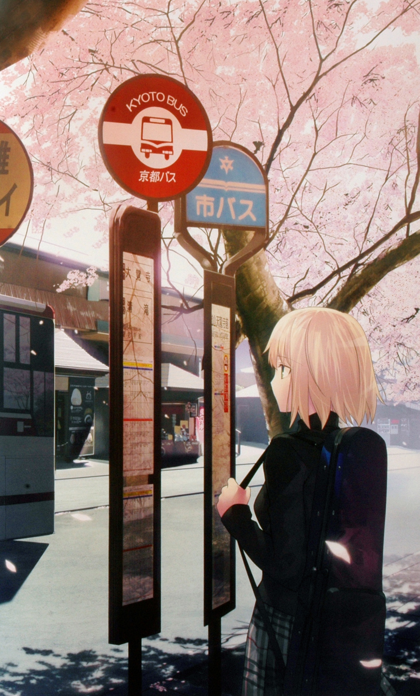 absurdres backpack bag blonde_hair bus bus_stop cherry_blossoms green_eyes ground_vehicle highres instrument kyoto motor_vehicle original pullover real_world_location sign skirt solo takeuchi_takashi tree