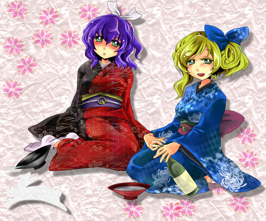 alcohol japanese_clothes kimono multiple_girls sake siblings sisters sitting takeko touhou watatsuki_no_toyohime watatsuki_no_yorihime