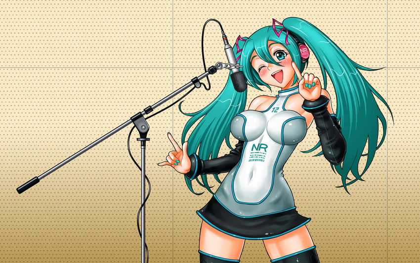 \m/ alternate_costume aoyama_sunao aqua_eyes aqua_hair blush detached_sleeves hair_ribbon hatsune_miku headphones highres impossible_clothes impossible_shirt long_hair microphone microphone_stand navel one_eye_closed pointing ribbon shirt skirt smile solo thighhighs twintails vocaloid