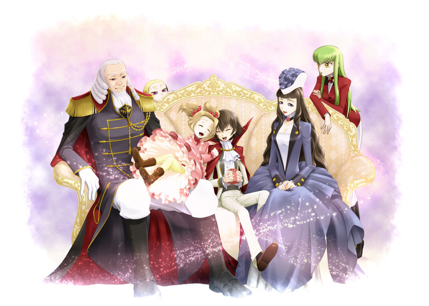 3girls aiguillette black_hair blonde_hair bow brown_hair c.c. cape charles_zi_britannia closed_eyes code_geass couch dress formal gift gloves green_hair hair_bow hair_ribbon happy hat hidari_ise lelouch_lamperouge long_hair marianne_vi_britannia multiple_boys multiple_girls nunnally_lamperouge open_mouth purple_eyes ribbon short_hair sitting smile twintails v.v. what_if yellow_eyes younger