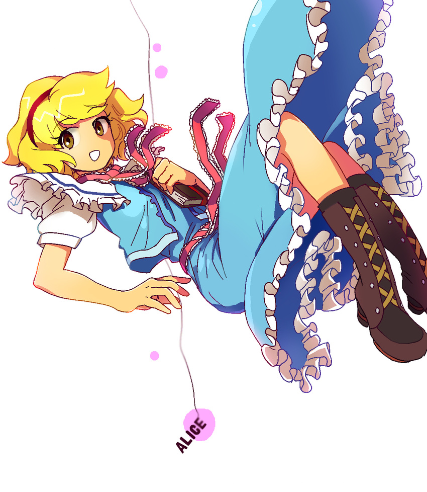 alice_margatroid bad_id bad_pixiv_id blonde_hair book boots capelet falling hairband hands highres kogiso short_hair smile solo toe-point touhou yellow_eyes