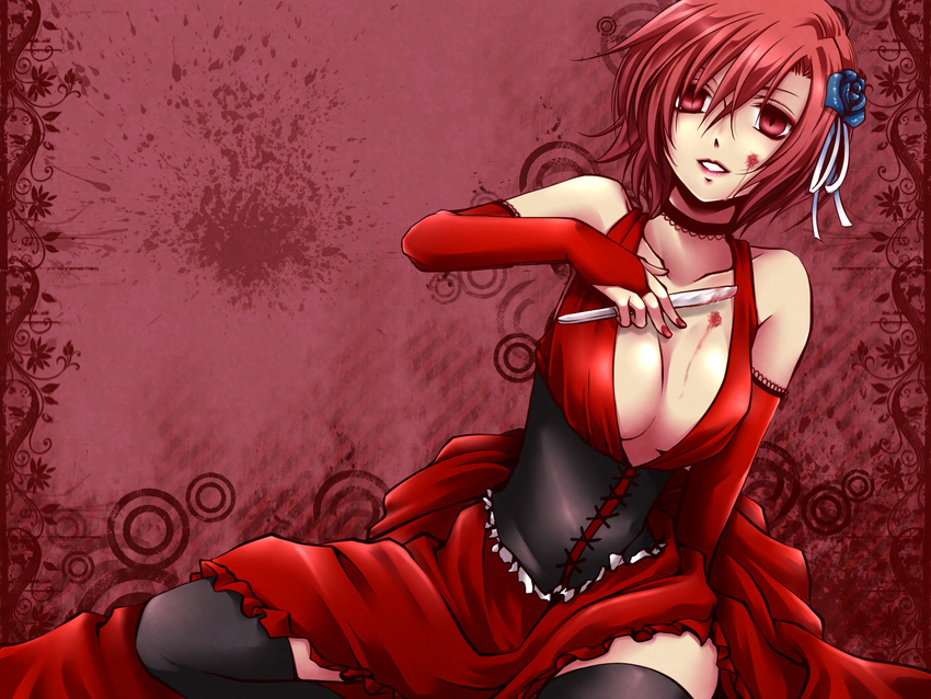 akujiki_musume_conchita_(vocaloid) banica_conchita breasts bridal_gauntlets cleavage crazy_eyes dress elbow_gloves empty_eyes evillious_nendaiki fingerless_gloves flower gloves grin hair_flower hair_ornament kiriya-sa knife large_breasts meiko red_dress red_eyes red_hair short_hair smile solo thighhighs vocaloid