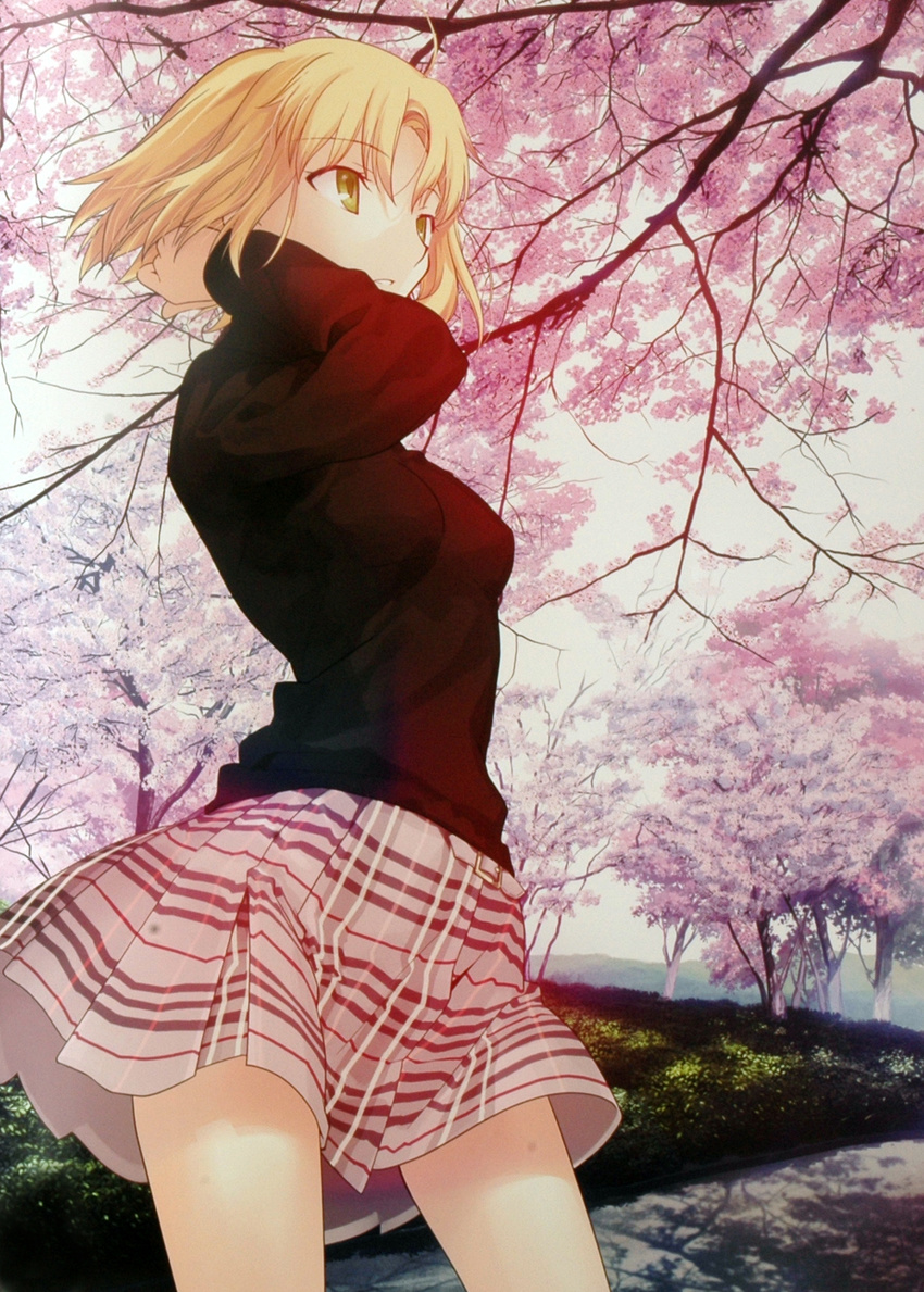 absurdres ahoge blonde_hair cherry_blossoms green_eyes highres kyoto original pullover skirt solo takeuchi_takashi tree