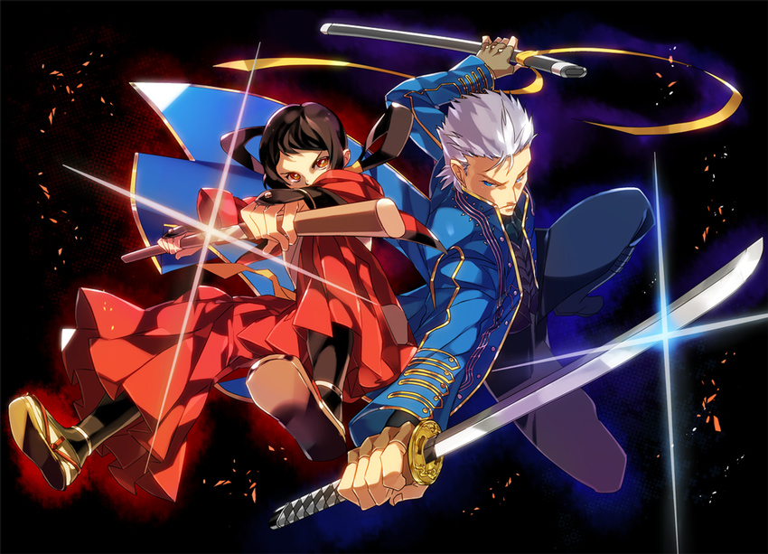 1girl akiyama_(yamagoya) bakumatsu_rouman bakumatsu_rouman_dainimaku black_background black_hair blue_eyes brown_eyes capcom devil_may_cry dual_wielding fingerless_gloves gloves hakama holding japanese_clothes katana long_hair m.u.g.e.n red_hakama sheath short_hair silver_hair snk sword takane_hibiki twintails unsheathing vergil weapon weapon_connection yamato_(sword)