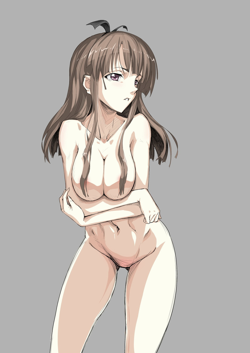 bad_id bad_pixiv_id breast_hold breasts brown_eyes brown_hair censored convenient_censoring copyright_request hair_censor hair_over_breasts highres large_breasts long_hair navel nude ryuuzaki_ichi simple_background solo