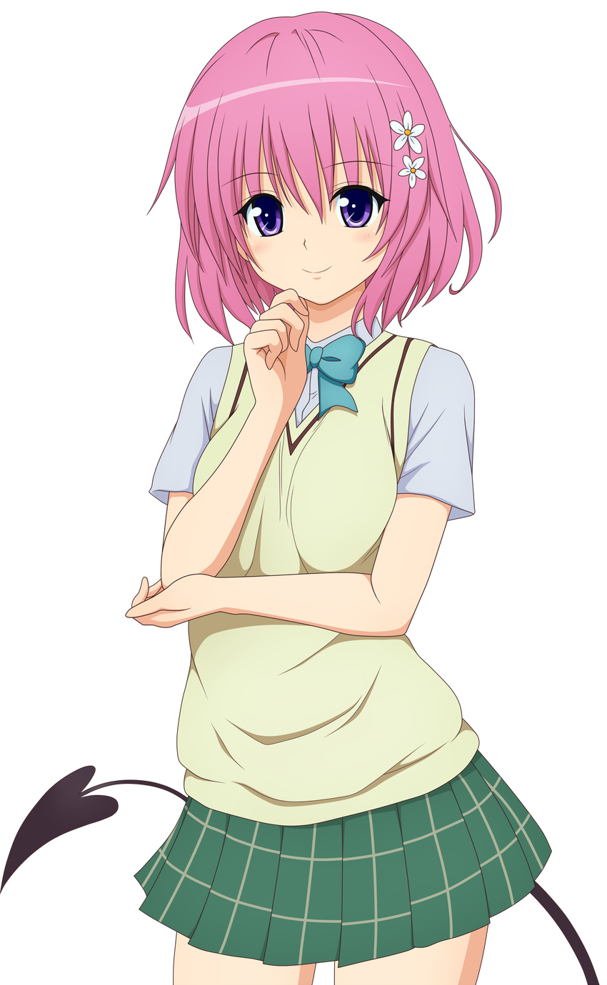 absurdres artist_request colorized hair_ornament hairclip hands highres momo_velia_deviluke pink_hair purple_eyes school_uniform short_hair smile solo tail to_love-ru to_love-ru_darkness transparent_background