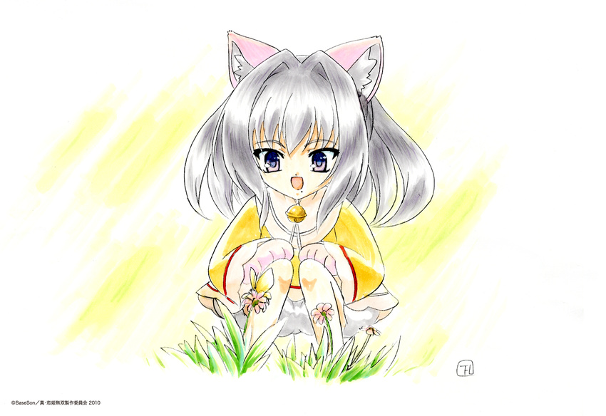2010 animal_ears bell bug butterfly cat_ears child copyright_name daisy flower highres hiratsuka_tomoya insect jingle_bell kashin koihime_musou mole mole_under_mouth official_art open_mouth purple_eyes short_hair signature silver_hair smile solo squatting watermark