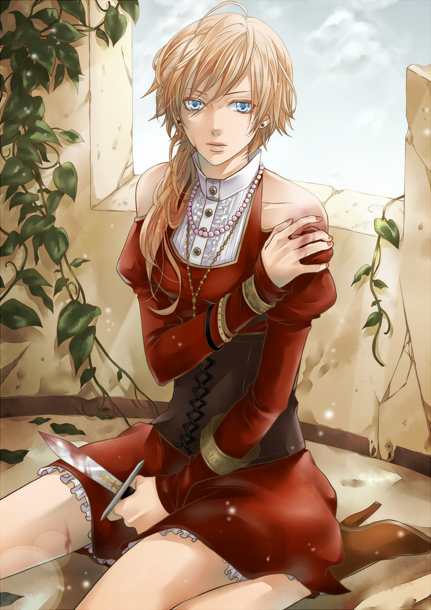 blonde_hair blood blue_eyes boots corset dagger earrings formal hakuseki highres jewelry long_hair necklace original plant sitting solo vines weapon