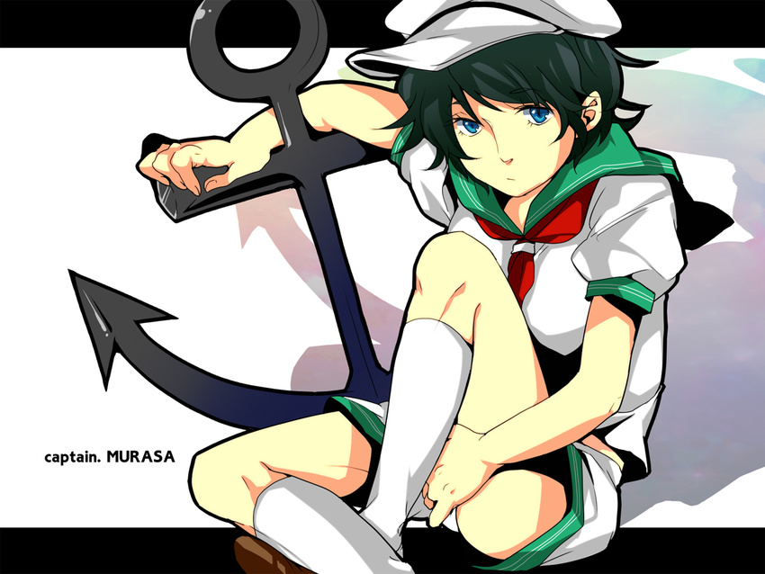 anchor bad_id bad_pixiv_id black_hair blue_eyes hat kiguchiko murasa_minamitsu sailor sailor_collar sailor_hat short_hair socks solo touhou