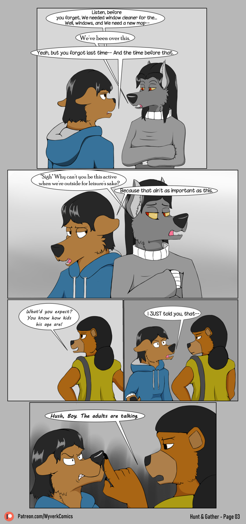2019 absurd_res anthro canid canine canis clothed clothing comic drama female hi_res hybrid jackywind male mammal mother mother_and_son parent son speech_bubble text ursid ursine wolf wolfdog