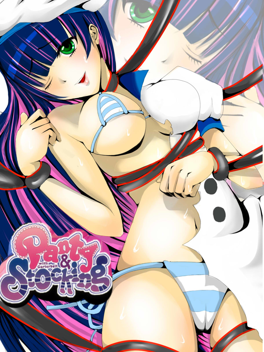 bikini blush breasts cameltoe cleavage highres jpeg_artifacts panty_&amp;_stocking_with_garterbelt smile stocking_(character) stocking_(psg) swimsuit tentacle wink