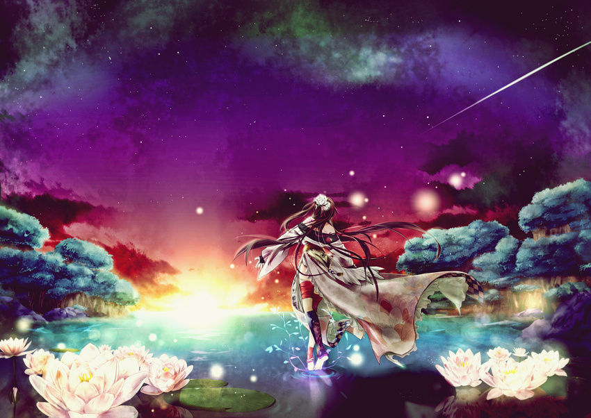 anklet barefoot flower from_behind highres image_sample japanese_clothes jewelry keishi long_hair md5_mismatch pixiv_sample sky solo sunset